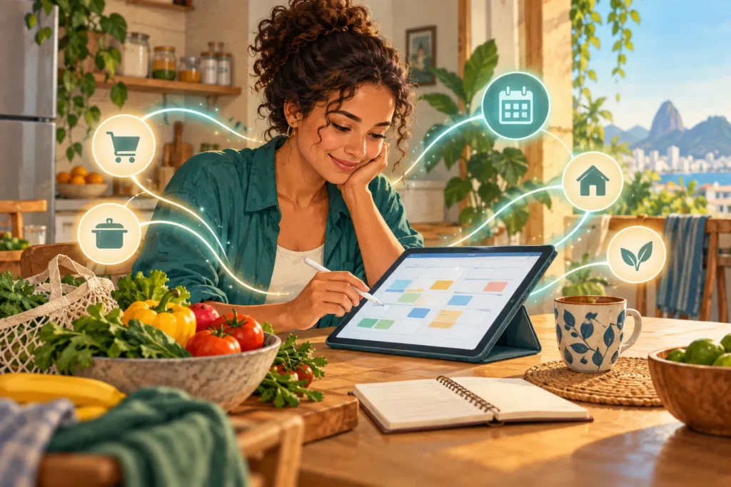 Ilustração de uma pessoa organizando a rotina em um tablet na cozinha.