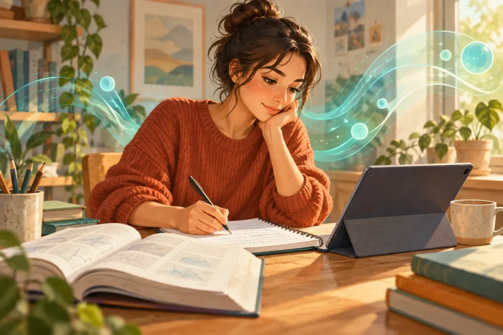 Ilustração de uma estudante fazendo anotações com livro e tablet sobre a mesa.